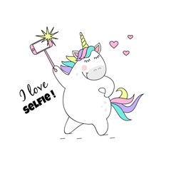 Сute unicorn makes selfie.Sweet magic with a unicorn, rainbow, stars.Vector illustration.