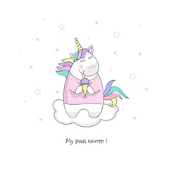 Vector illustration of magic cute unicorn with ice cream, children's print on t-shirt. Cute cartoon style doodle unicorn with quote.