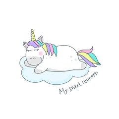 vector illustration of cute unicorn sleeping, baby print on t-shirt
