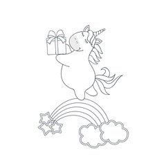 vector illustration of a cute unicorn with a gift, children's birthday picture. Vector illustration lines for coloring.Isolated on white background.