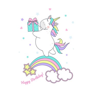 vector illustration of a cute unicorn with a gift, children's birthday picture
