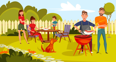 Friendly family on picnic flat color illustration