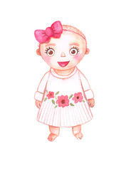 Watercolor character. cute one year old girl in a white dress with flowers and a red bow on her head