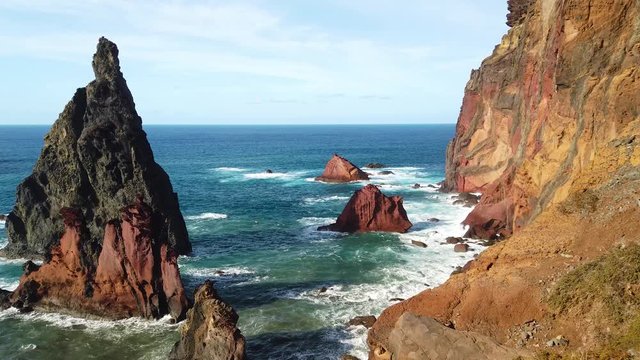 4K video of beautiful sea cliffs view. This amazing place is Ponta de Sao Lourenco, the island of Madeira, Portugal. The most beautiful trail on Madeira Island.