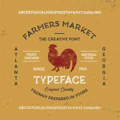 Farmers Market font. Original handmade alphabet. Vintage font design and poster. Custom typeface. Clean & Textured Versions Included. Vector.