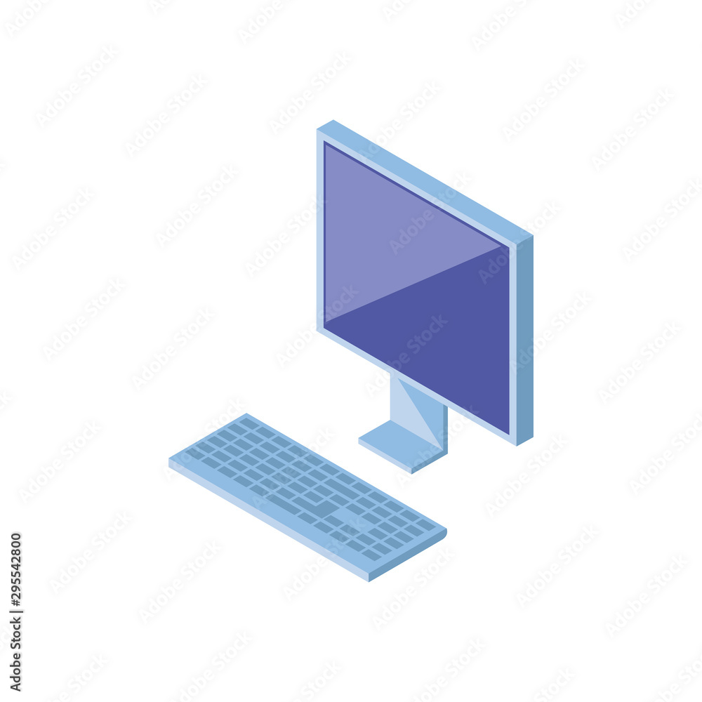 Poster desktop computer screen with keyboard in white background