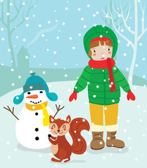 Girl, snowman and cute squirrel. Winter outdoor fun theme.