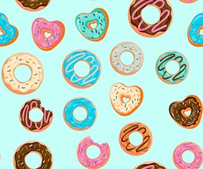 Fototapeta na wymiar Glazed Donuts seamless pattern set. Bakery Vector. Top View doughnuts into glaze. Food background collection. Cartoon style illustrations, Collection of glazed donuts, delicious pastries, flour cooke