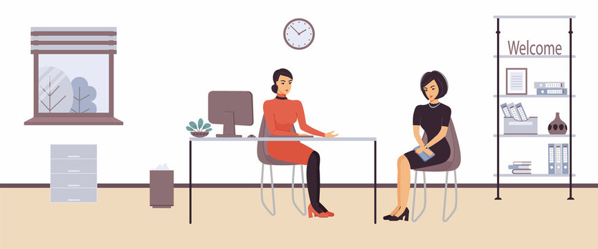 HR interview, talking with a job applicant. Female recruiter holds a corporate meeting with young woman as a candidate to be hired, ask. Office interior.Vector flat style cartoon illustration