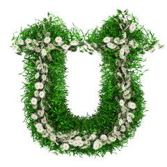 Letter U Of Green Grass And Flowers. Font For Your Design. 3D Illustration