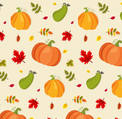 Autumn pattern with pumpkins with colorful leaves.