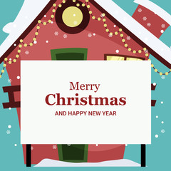 Christmas card of house decorated with blank signboard