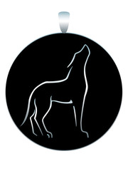 Fototapeta premium Round silver medallion - pendant with black enamel and the image of a stylized howling wolf - stock illustration. Jewelry with the image of a wolf.