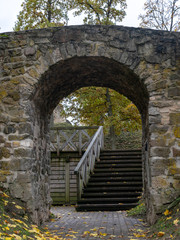 old castle ruins and colorful trees in autumn