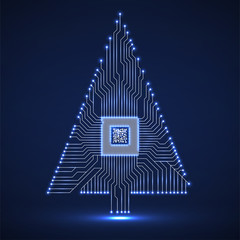 Abstract technology Christmas tree with microprocessor, glowing circuit board - obrazy, fototapety, plakaty