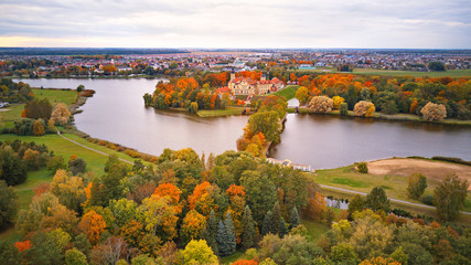 Fototapeta na wymiar Autumn aerial view of Medieval castle in Nesvizh.