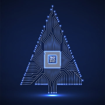 Abstract technology Christmas tree with microprocessor, glowing circuit board