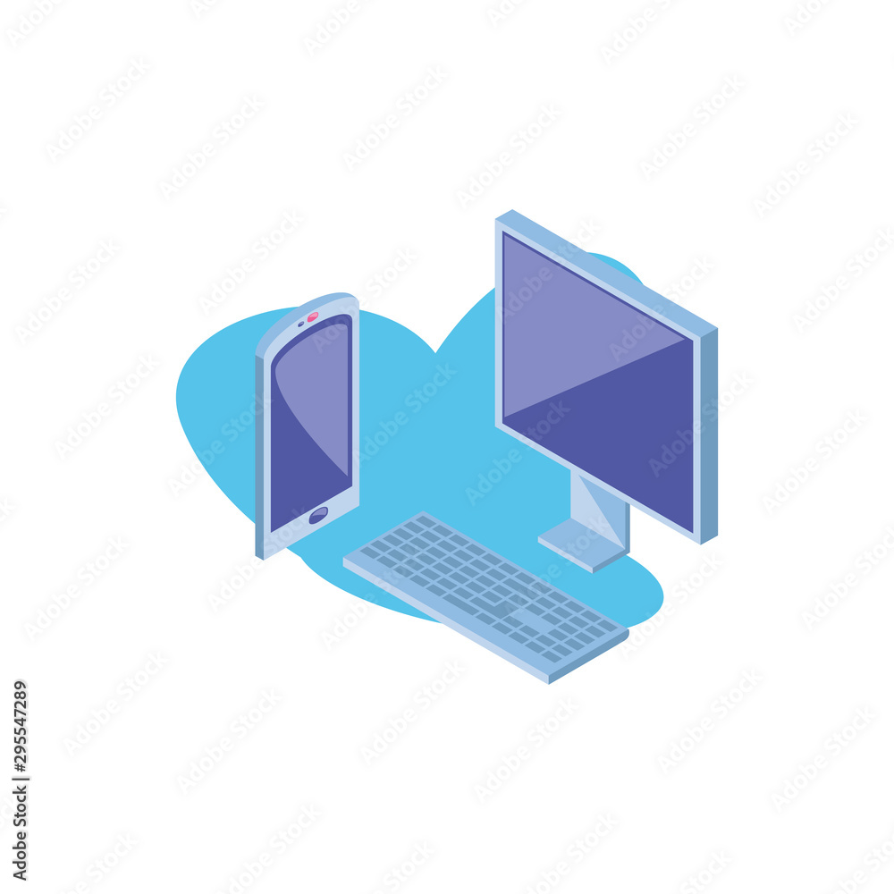 Poster desktop computer screen with keyboard and smartphone