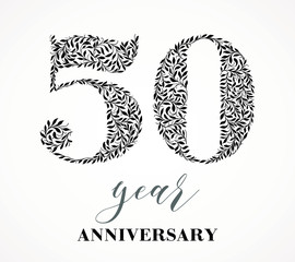 50th anniversary. Number fifty consists of a leaf pattern. No gradient fill. Vector is easy to customize. View the entire series.