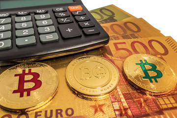 Gold Bitcoin pile euro banknotes Crypto Investing background.