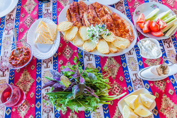 Food in local restaurant near Sevan lake, Armenia