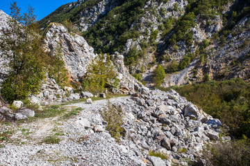 Footpath next to the rocks and mountains and Una river in village Martin Brod in Bosnia and Herzegovina