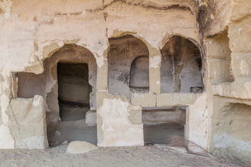 DAVIT GAREJA, GEORGIA - JULY 16, 2017: One of the caves of Udabno cave monastery at Davit Gareja monastic complex in Georgia
