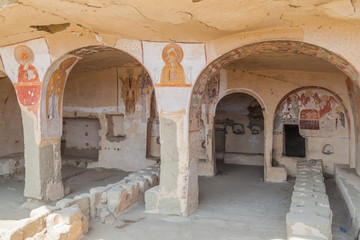 DAVIT GAREJA, GEORGIA - JULY 16, 2017: Cave refectory of Udabno cave monastery at Davit Gareja monastic complex in Georgia