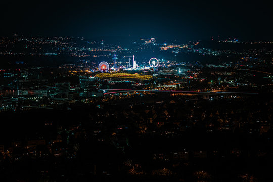 High-Angle view of the "Cannstatter Wasen Volksfest"  at night time