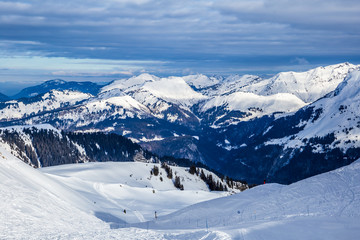 Fototapeta na wymiar Snowy Alpine ski slopes Flaine,