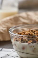 granola with milk and nuts