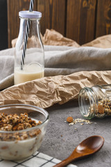 granola with milk and nuts