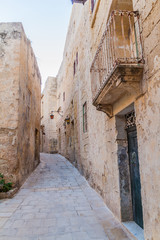 Narrow street in the fortified city Mdina in the Northern Region of Malta