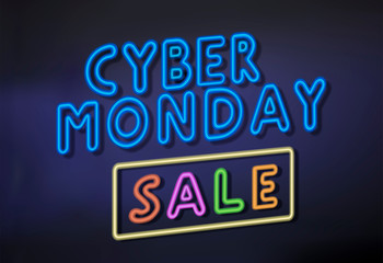 Cyber monday sale sign. Neon big discounts logo. Vector bright blue, red, purple, green and orange text with shadows on the dark background.
