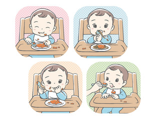 Baby eating baby food. Vector illustration.