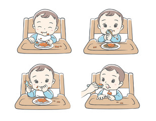 Baby eating baby food. Vector illustration.