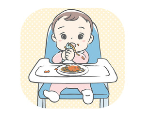 Baby eating baby food. Vector illustration.