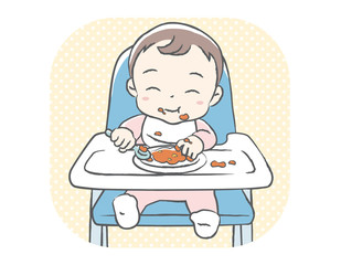 Baby eating baby food. Vector illustration.