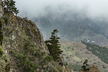 Parque Natural Majona. Northeastern part of La Gomera Island. Old volcanic mountains covered by green grass, thickets of relic laurels and heather on steep slopes. Canary Islands, Spain