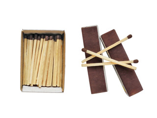 Open and closed matchboxes and several matches isolated on white background  