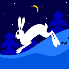 Hare on background of night sky with moon, jumping on snowdrifts in winter forest. Vector Illustration