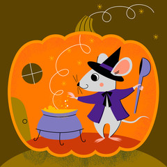 Cute little mouse cooking a potion in a pot in Helloween eve. Mouse is wearing in wizard clothes and holding a scoop. Vector illustration retro style
