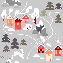 Winter pattern in scandinavian style. House on background of snowy winter forest. Hare running  through the fields. Vector illustration