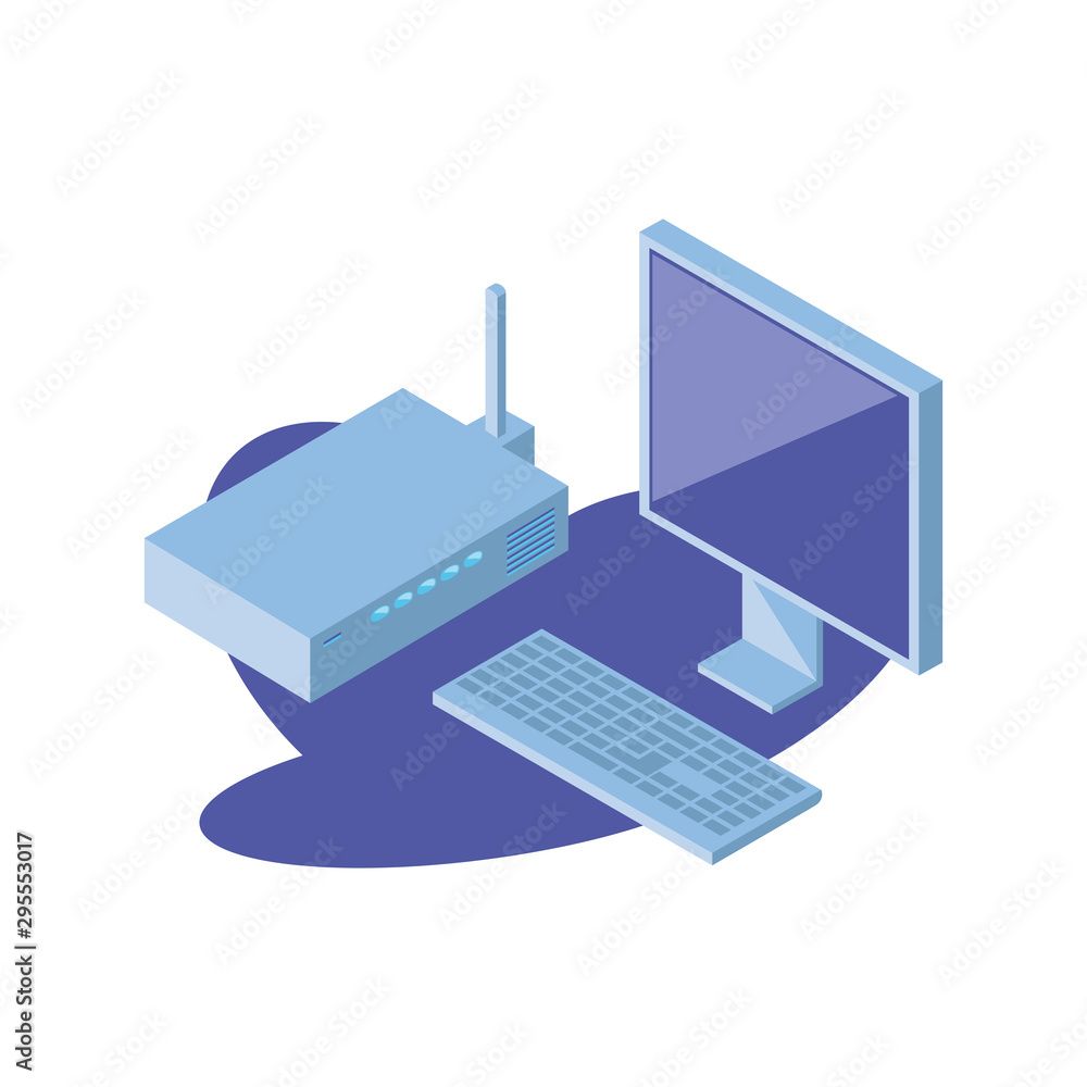 Poster desktop computer screen with keyboard and wireless router