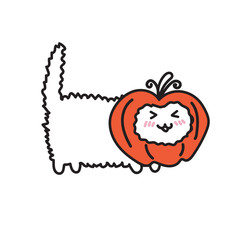 Halloween cat in pumpkin costume. Kawaii illustration in black and white. Cute kitten with a pumpkin on the head, funny and adorable perfect for young kids.For cards design, coloring, parties, banners
