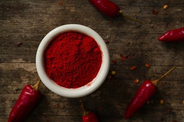 Close up still life of red chilli powder, selective focus