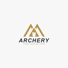 Archery logo design vector. Letter M and bow abstract symbol. Archery sport vector icon.
