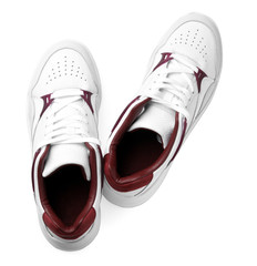 Pair of stylish shoes on white background, top view