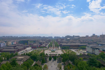 Beautiful landscape view of Xian China from Famous Chinese ancient Buddhist architecture window of Dayan Pagoda