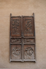 Traditional Chinese Residences interior wooden door with painting carving in Tianshui Folk Arts Museum Hu Shi folk house, Gansu China